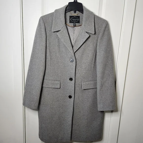 1 Madison Gray Wool Blend Tailored Long Coat Notched Collar Classic Chic XL - Picture 6 of 15